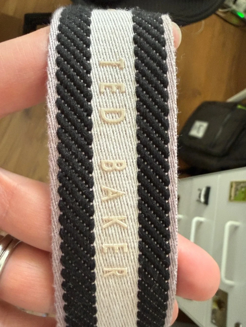 Ted Baker Black Pebbled Leather Crossbody with Pink and Black Striped Strap - Picture 7 of 7